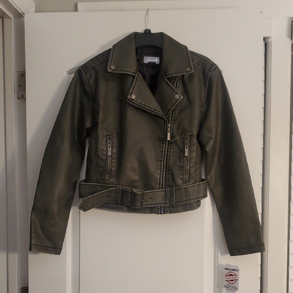 Jou Jou Juniors' Distressed Asymetric Moto Olive Green Faux Leather Jacket